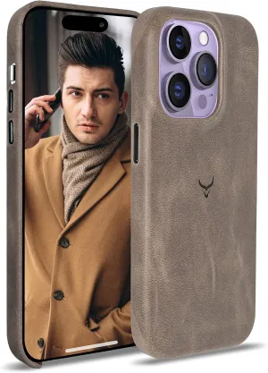 Genuine Leather Case - iPhone 14 Pro - Oil Waxed Full Grain Anti-Scratch Leather - Shockproof, Drop Proof, Slim Case (Ash)