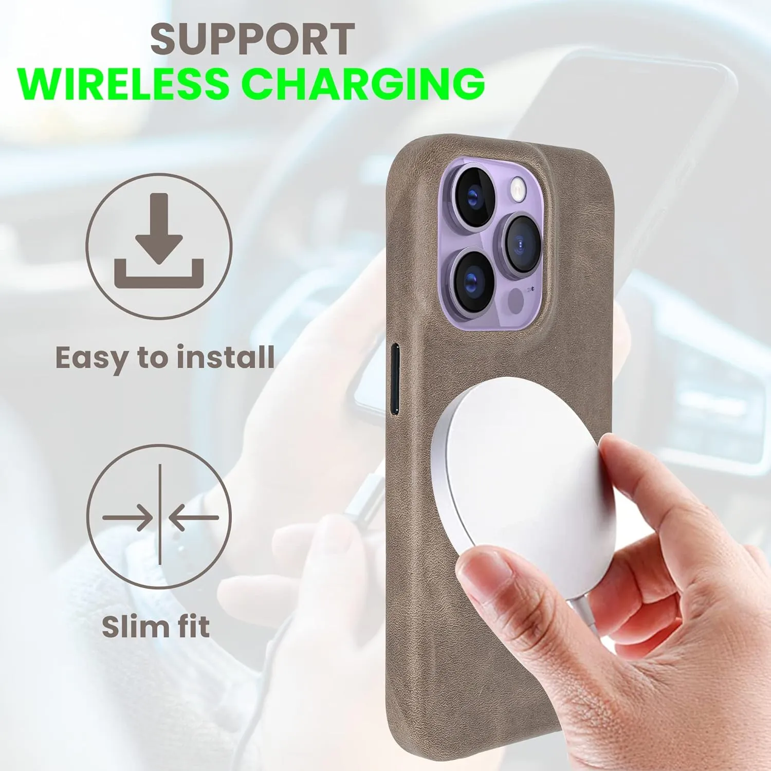 Genuine Leather Case - iPhone 14 Pro - Oil Waxed Full Grain Anti-Scratch Leather - Shockproof, Drop Proof, Slim Case (Ash)