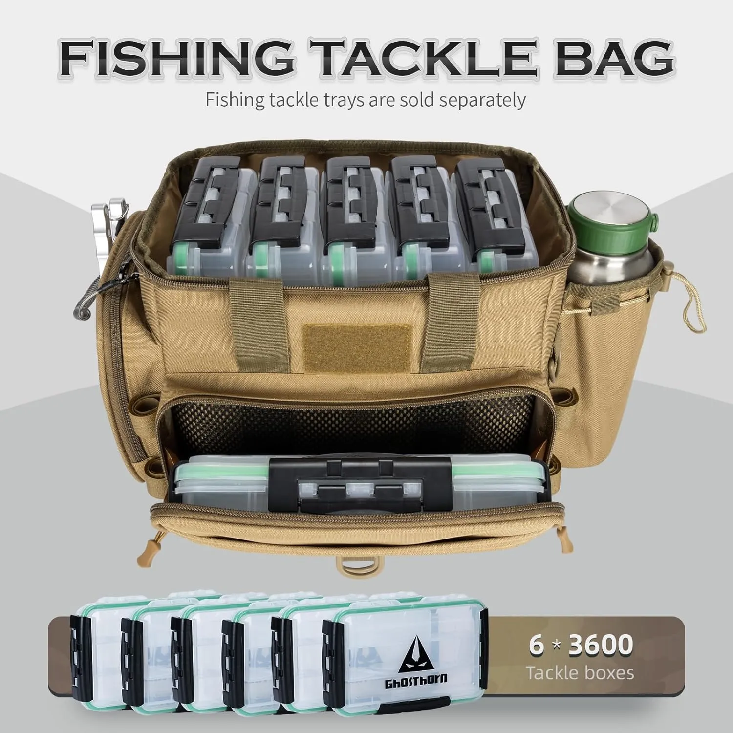Ghosthorn Fishing Tackle Bag for Saltwater & Freshwater - Versatile Water Resistant Tackle Box Bag Stores Up to 6 Bait Boxes - Durable Fishing Gear Organizer