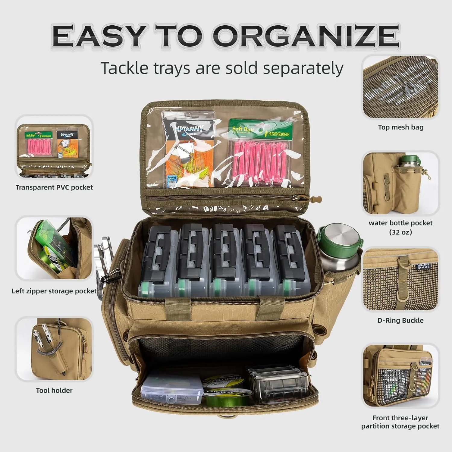 Ghosthorn Fishing Tackle Bag for Saltwater & Freshwater - Versatile Water Resistant Tackle Box Bag Stores Up to 6 Bait Boxes - Durable Fishing Gear Organizer
