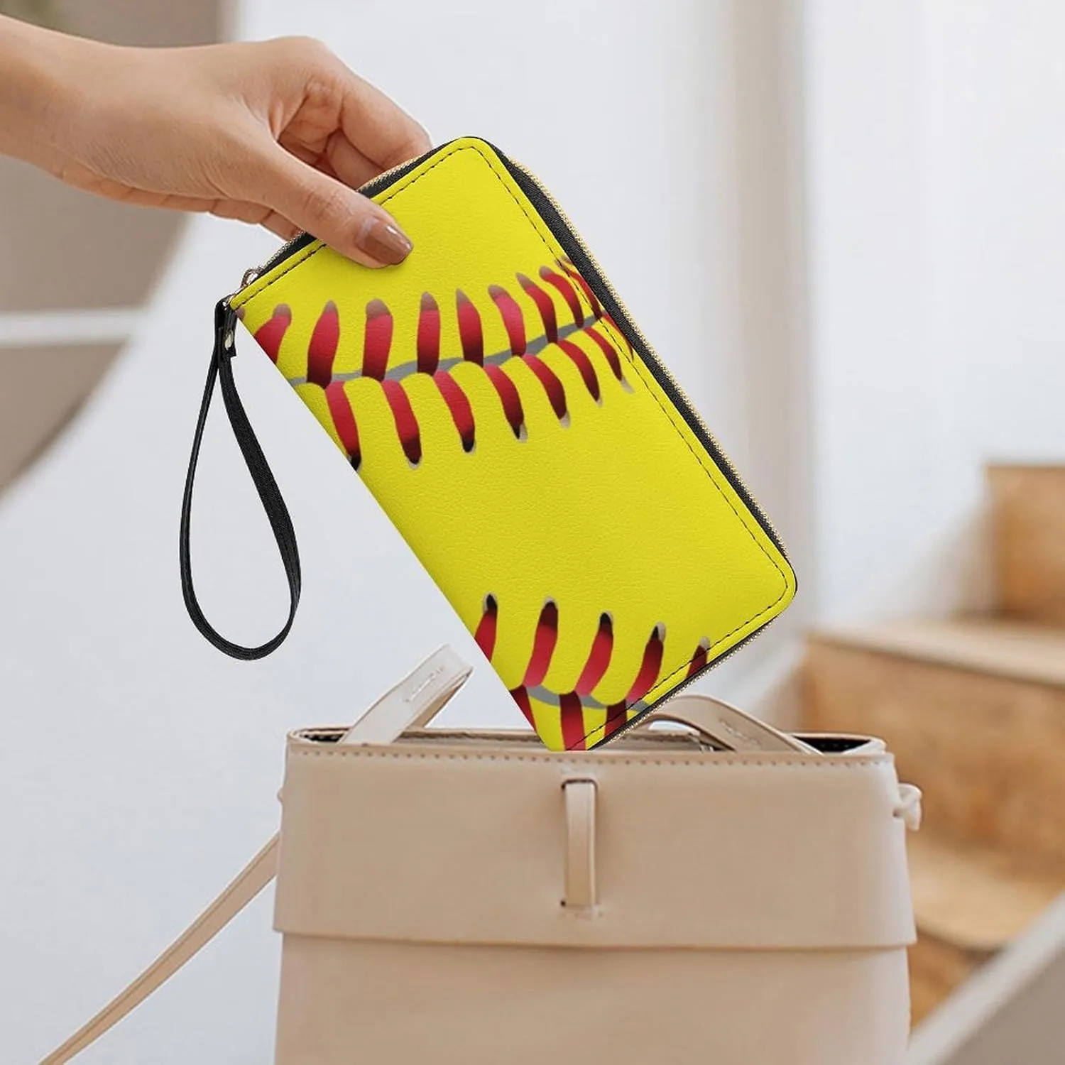 Girl's Travel Purse Fashion Design Gift, Huge Storage Capacity Purse, Cute Decor Wallet, Long PU Zipper Wallet With Rope Compatible with American Red Line Yellow Softball
