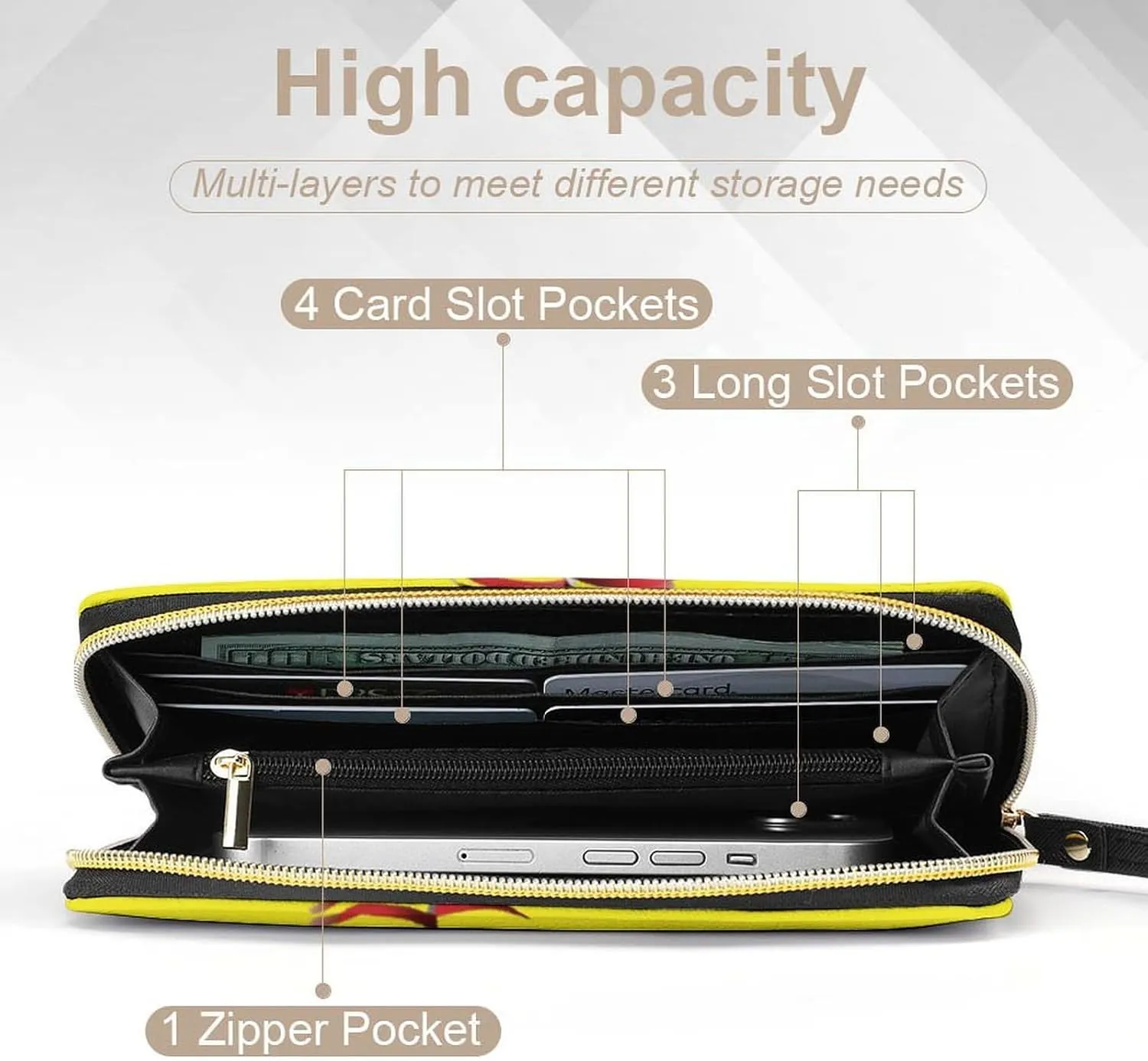 Girl's Travel Purse Fashion Design Gift, Huge Storage Capacity Purse, Cute Decor Wallet, Long PU Zipper Wallet With Rope Compatible with American Red Line Yellow Softball
