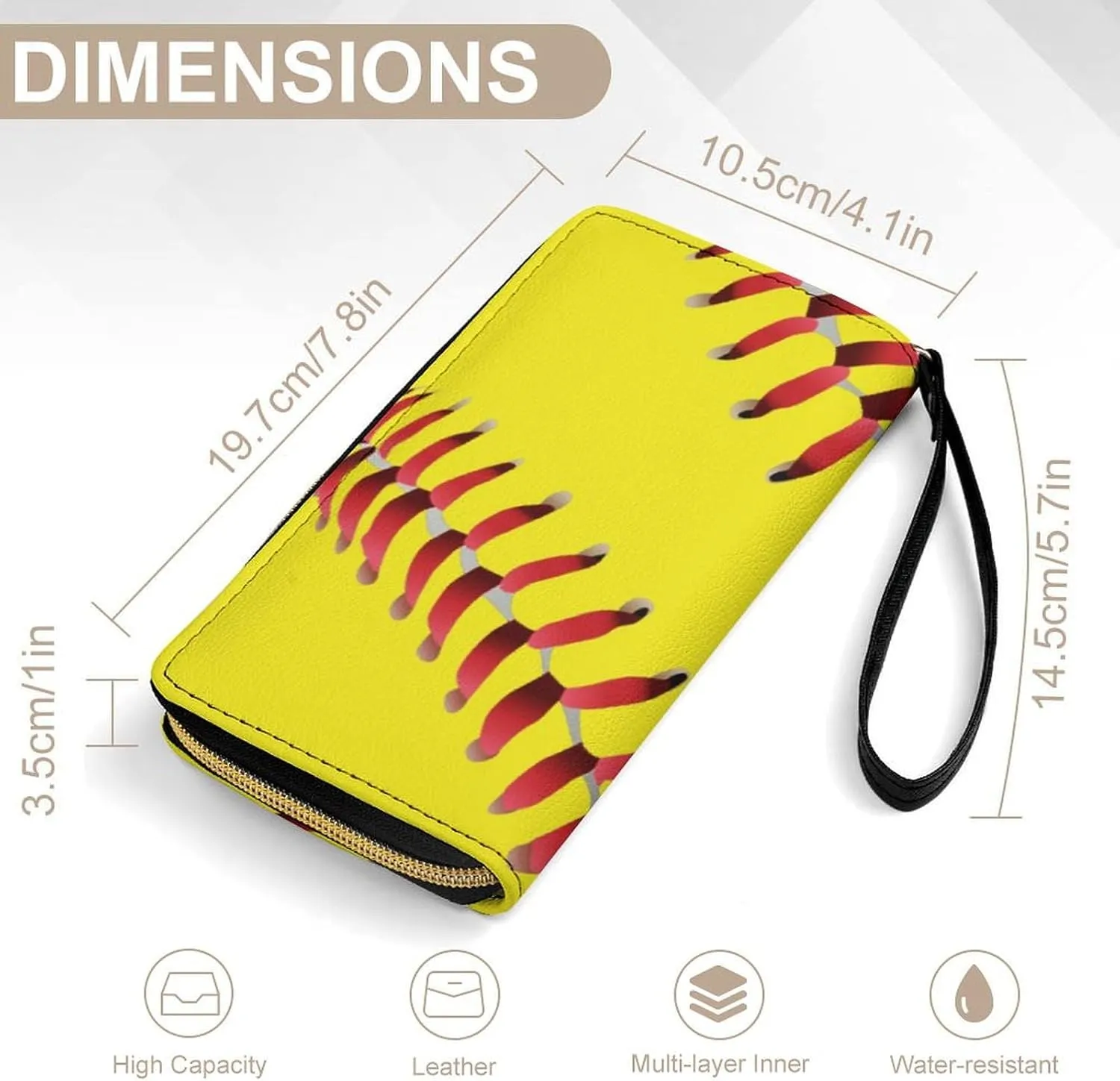 Girl's Travel Purse Fashion Design Gift, Huge Storage Capacity Purse, Cute Decor Wallet, Long PU Zipper Wallet With Rope Compatible with American Red Line Yellow Softball