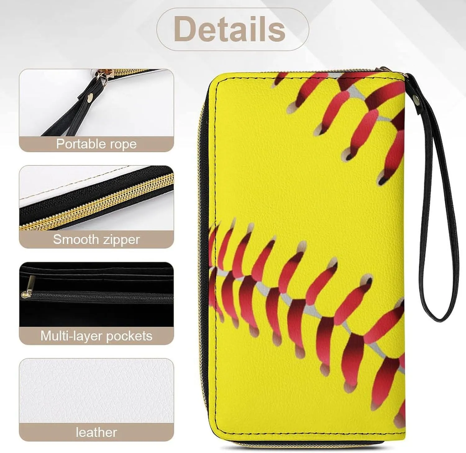 Girl's Travel Purse Fashion Design Gift, Huge Storage Capacity Purse, Cute Decor Wallet, Long PU Zipper Wallet With Rope Compatible with American Red Line Yellow Softball