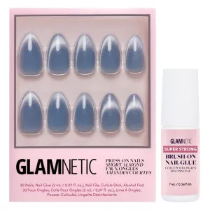 Glamnetic Press On Nails & Brush On Nail Glue Bundle - Baby Blues | Short Almond, Pastel Blue Nails with a Mesmerizing Metallic Finish | 15 Sizes - 30 Nail Ki