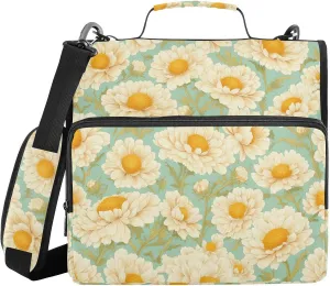 Glowing White Daisy 1.5 Inch 3 Rings Binder with Extra Pockets with Shoulder Strap & Handle Includes Zip Pocket Document Binder Organizer for Middle School