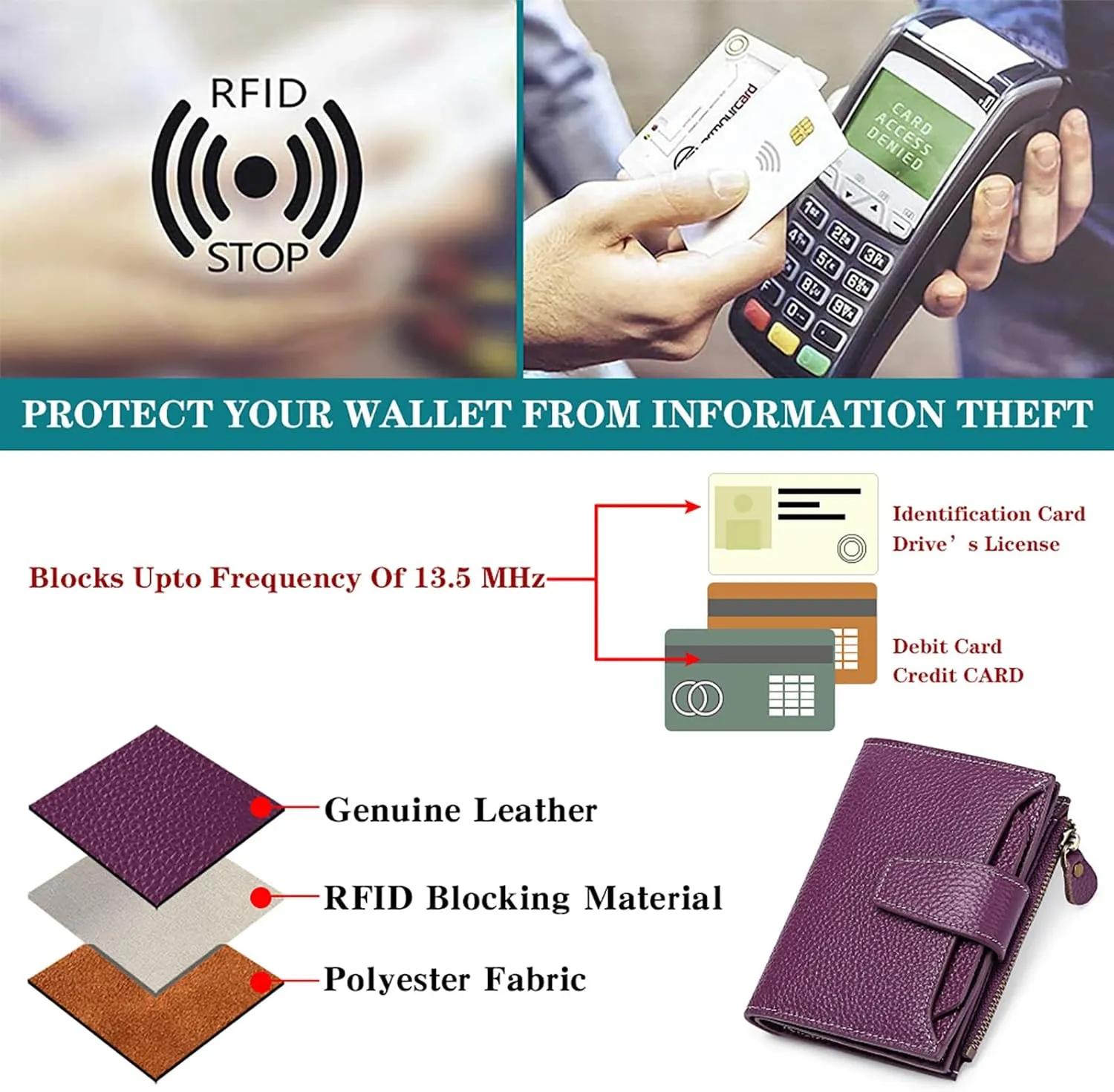 GOIACII Small Women Wallet Genuine Leather RFID Blocking Bifold Zipper Pocket Card Holder with ID Window