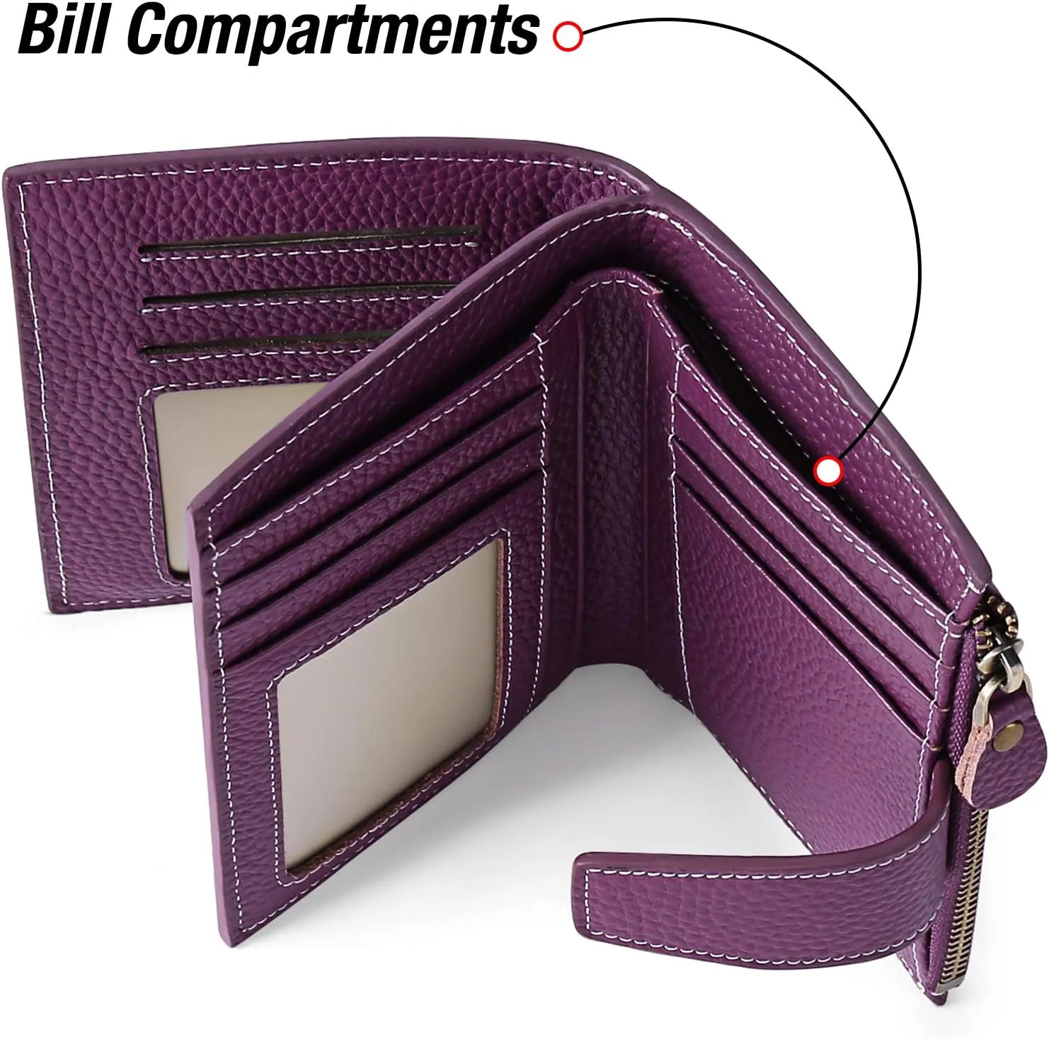 GOIACII Small Women Wallet Genuine Leather RFID Blocking Bifold Zipper Pocket Card Holder with ID Window