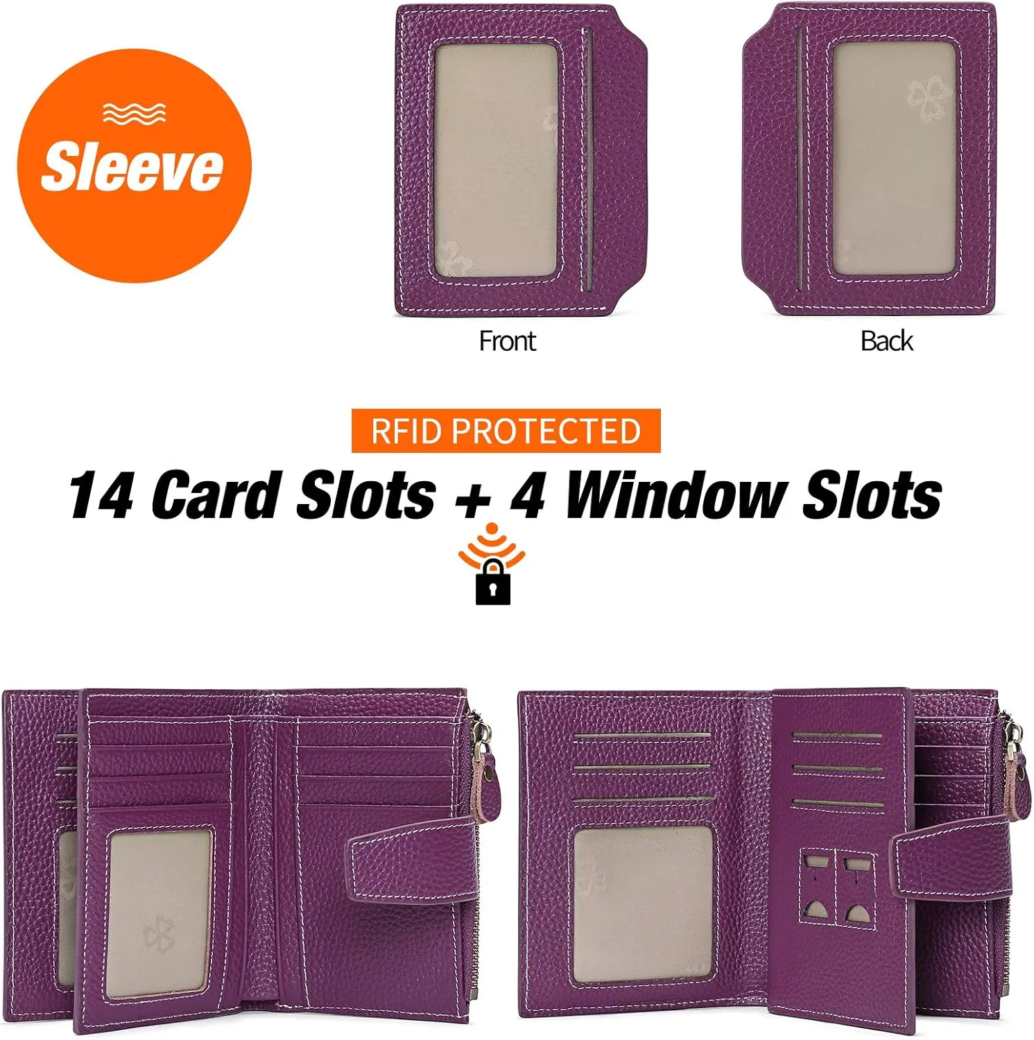 GOIACII Small Women Wallet Genuine Leather RFID Blocking Bifold Zipper Pocket Card Holder with ID Window