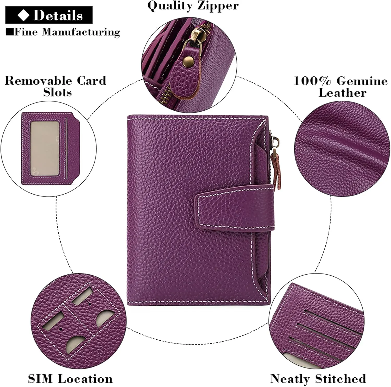 GOIACII Small Women Wallet Genuine Leather RFID Blocking Bifold Zipper Pocket Card Holder with ID Window