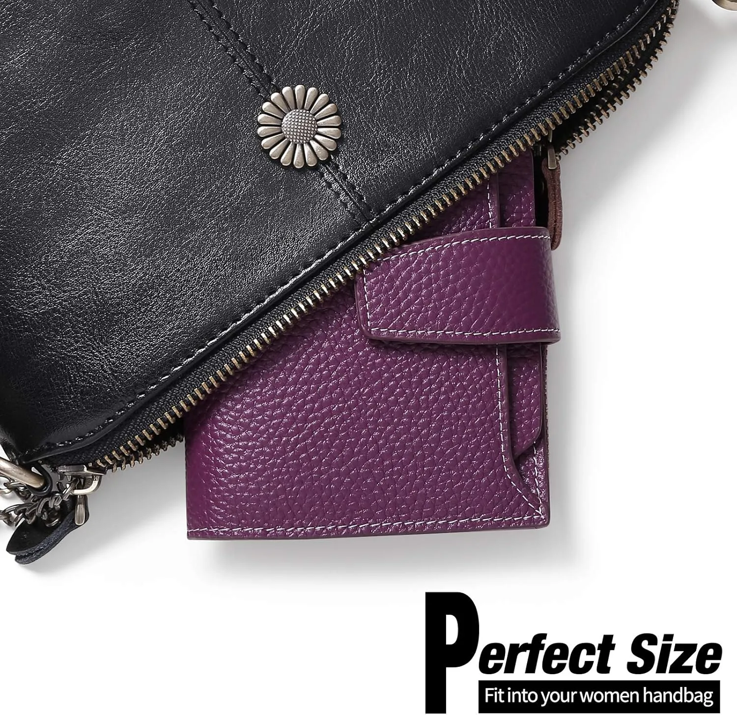 GOIACII Small Women Wallet Genuine Leather RFID Blocking Bifold Zipper Pocket Card Holder with ID Window