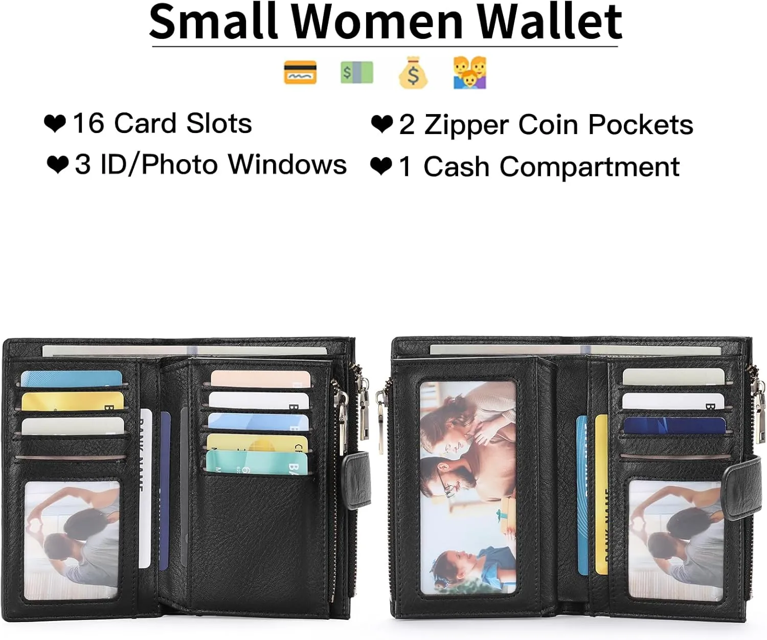 GOIACII Womens Wallets Rfid Credit Card Holder with 2 Zipper Pockets, 3 ID Windows Ladies Purse Leather
