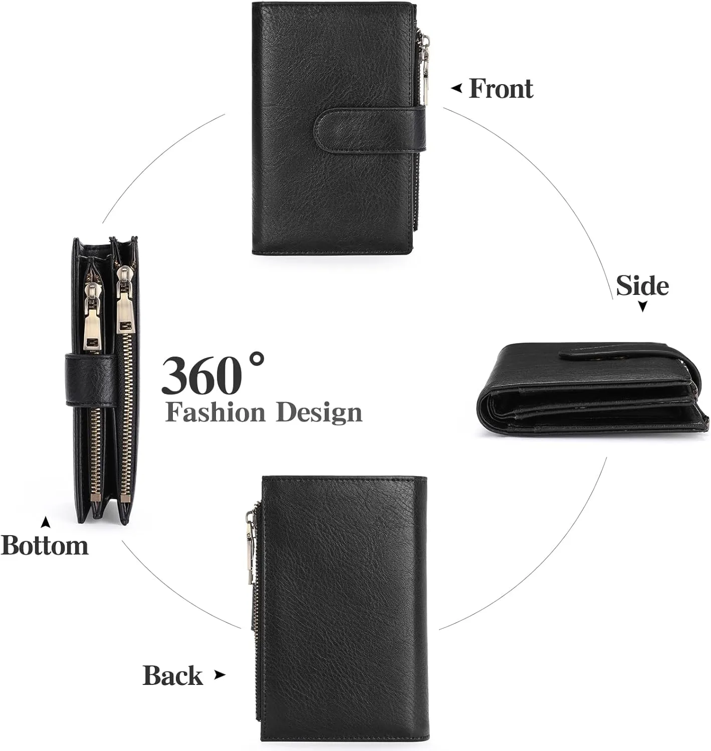 GOIACII Womens Wallets Rfid Credit Card Holder with 2 Zipper Pockets, 3 ID Windows Ladies Purse Leather