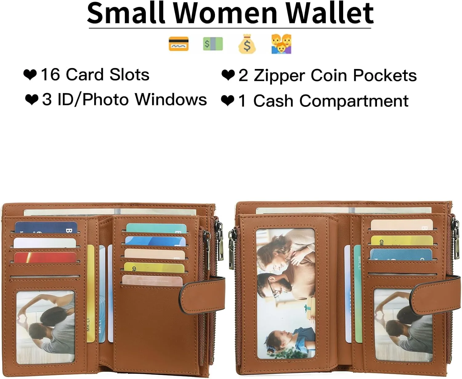 GOIACII Womens Wallets Rfid Credit Card Holder with 2 Zipper Pockets, 3 ID Windows Ladies Purse Leather