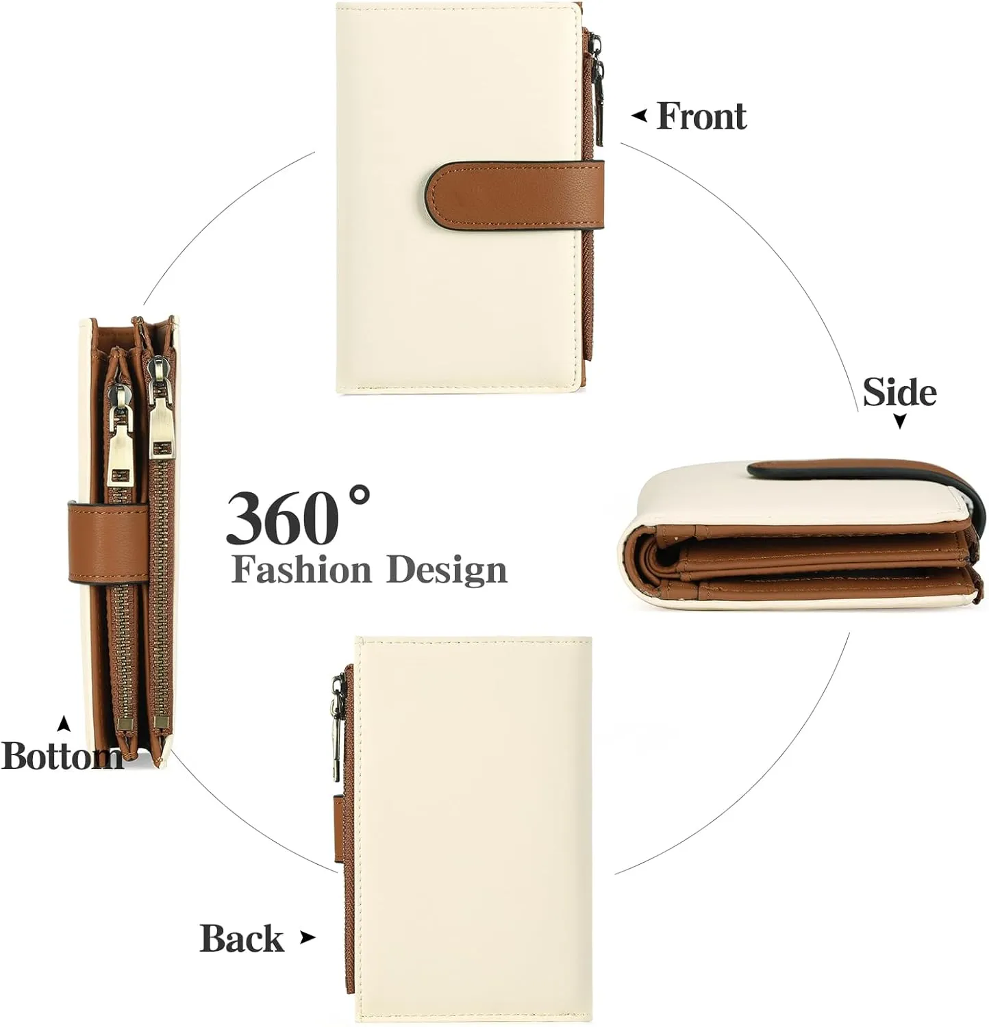 GOIACII Womens Wallets Rfid Credit Card Holder with 2 Zipper Pockets, 3 ID Windows Ladies Purse Leather