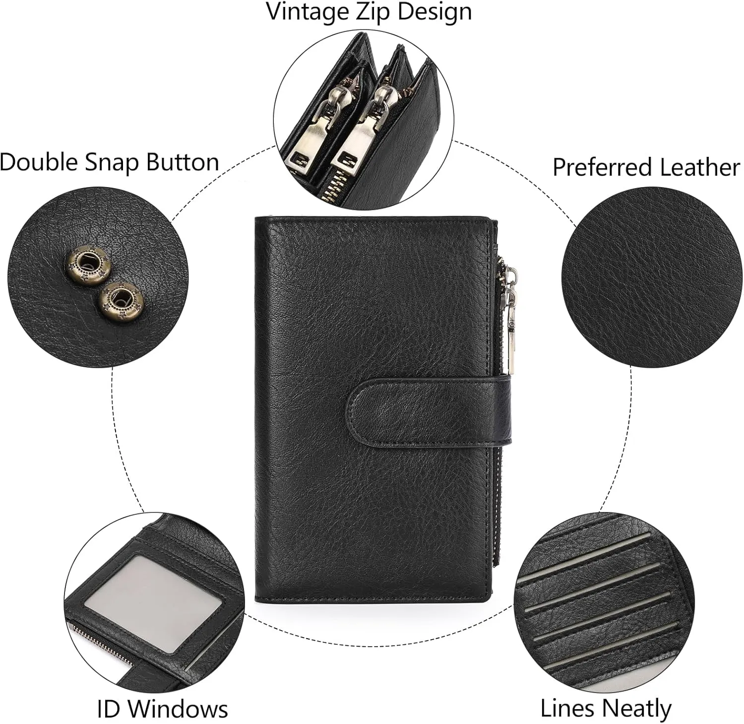 GOIACII Womens Wallets Rfid Credit Card Holder with 2 Zipper Pockets, 3 ID Windows Ladies Purse Leather