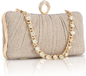 Gold Evening Bag Glitter Pleated Clutch Purses for Women Wedding Clutch with Rhinestone Ring, Party Purse Prom Cocktail Bag