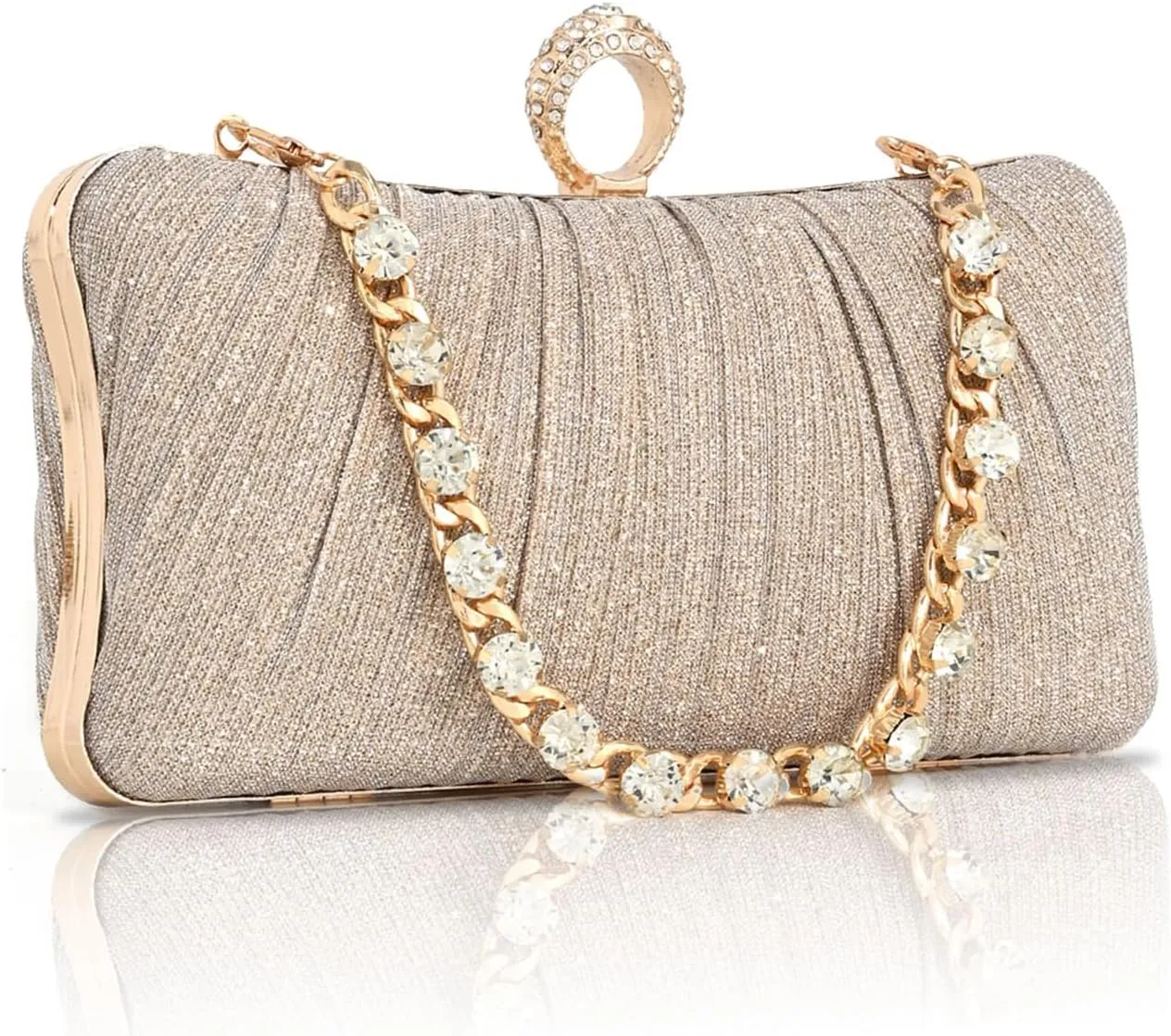 Gold Evening Bag Glitter Pleated Clutch Purses for Women Wedding Clutch with Rhinestone Ring, Party Purse Prom Cocktail Bag