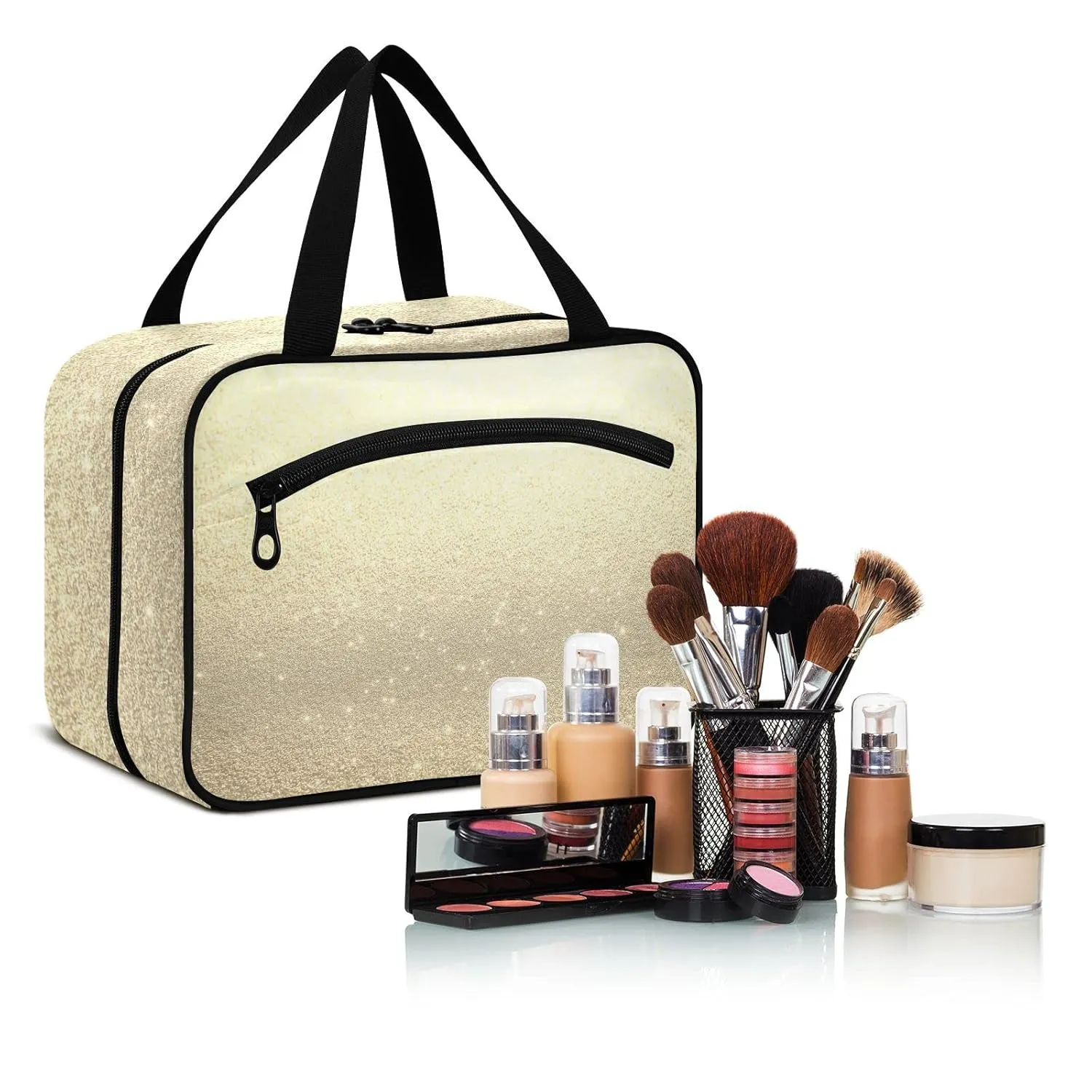 Gold Fantasy Galaxy Universe Golden Shiny Stars Sparkles Texture 1 PC Hanging Travel Wash bag with Handles, Portable Makeup Organizer Brush Storage Case Portable Travel Cosmetic with Hook M