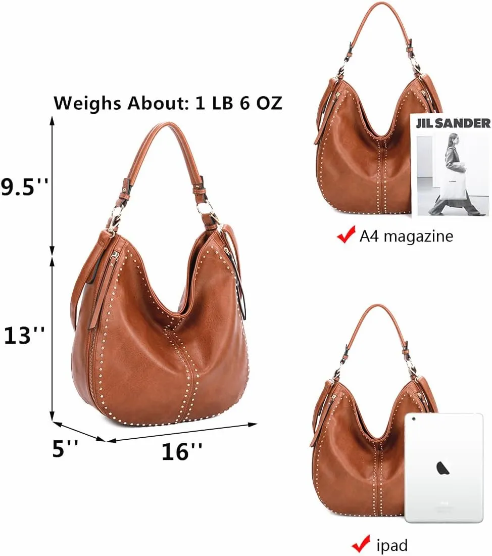 Gold Hardware Fashion HandBag Women Shoulder Bag Hobo Bags Detachable Crossbody Strap Purse Wallet Set Studs Leather Tote Bag