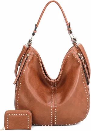 Gold Hardware Fashion HandBag Women Shoulder Bag Hobo Bags Detachable Crossbody Strap Purse Wallet Set Studs Leather Tote Bag