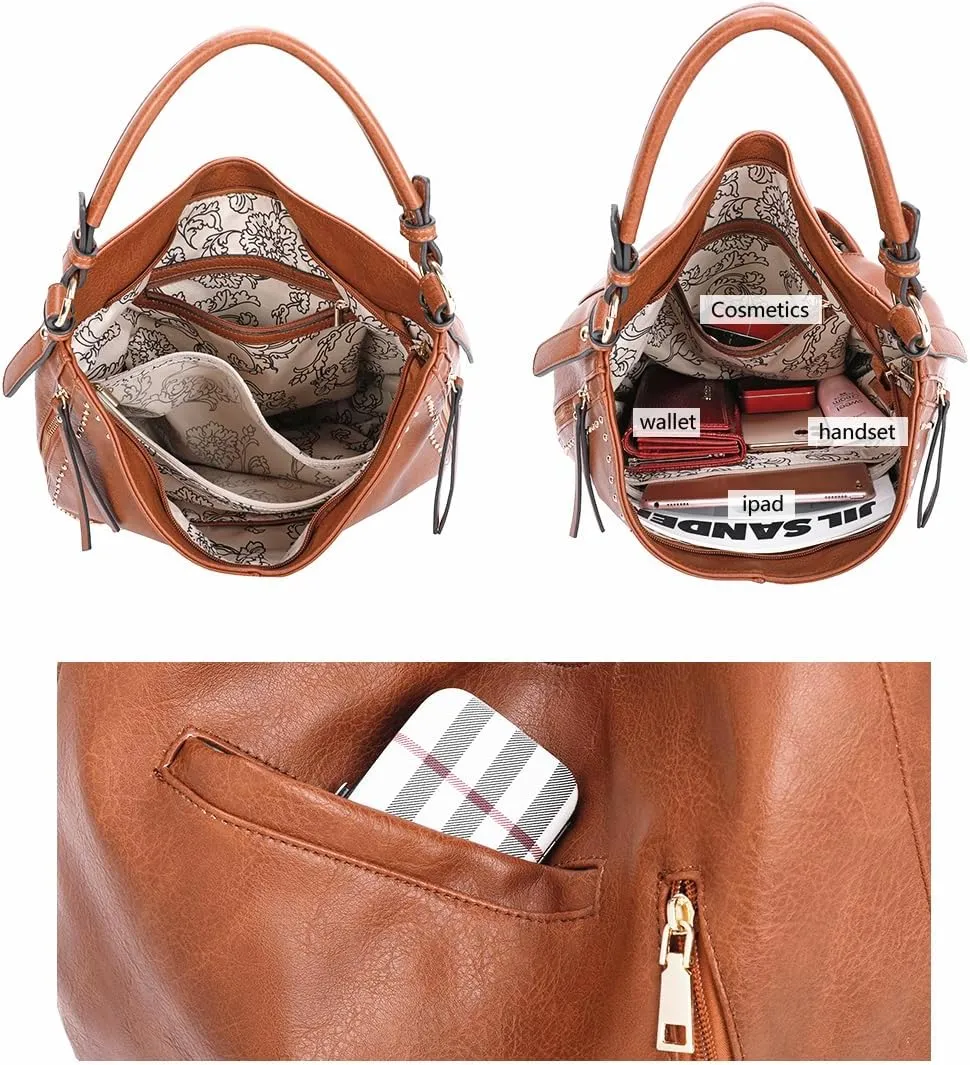 Gold Hardware Fashion HandBag Women Shoulder Bag Hobo Bags Detachable Crossbody Strap Purse Wallet Set Studs Leather Tote Bag
