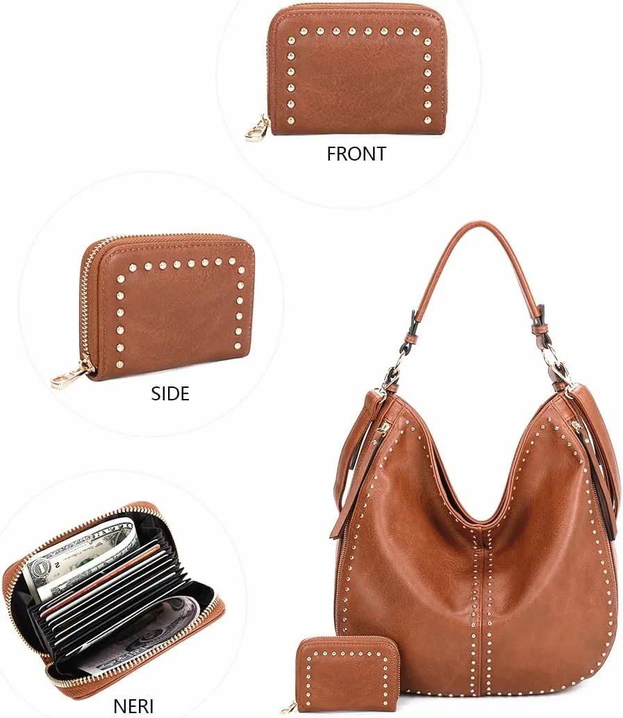 Gold Hardware Fashion HandBag Women Shoulder Bag Hobo Bags Detachable Crossbody Strap Purse Wallet Set Studs Leather Tote Bag
