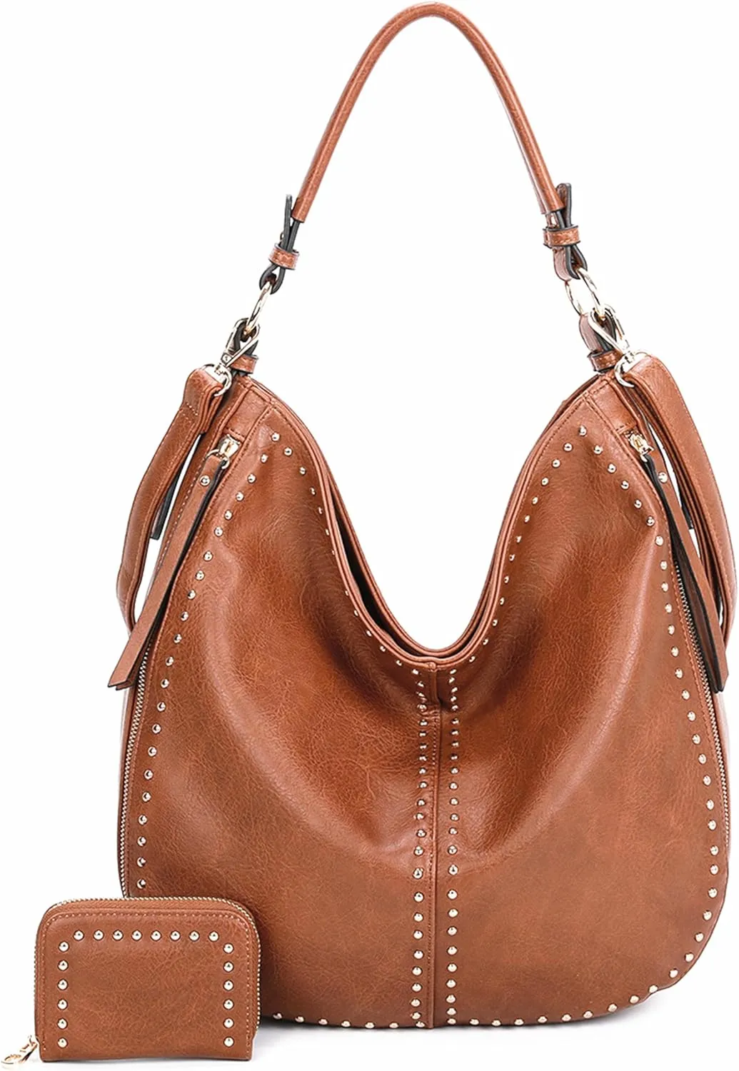 Gold Hardware Fashion HandBag Women Shoulder Bag Hobo Bags Detachable Crossbody Strap Purse Wallet Set Studs Leather Tote Bag