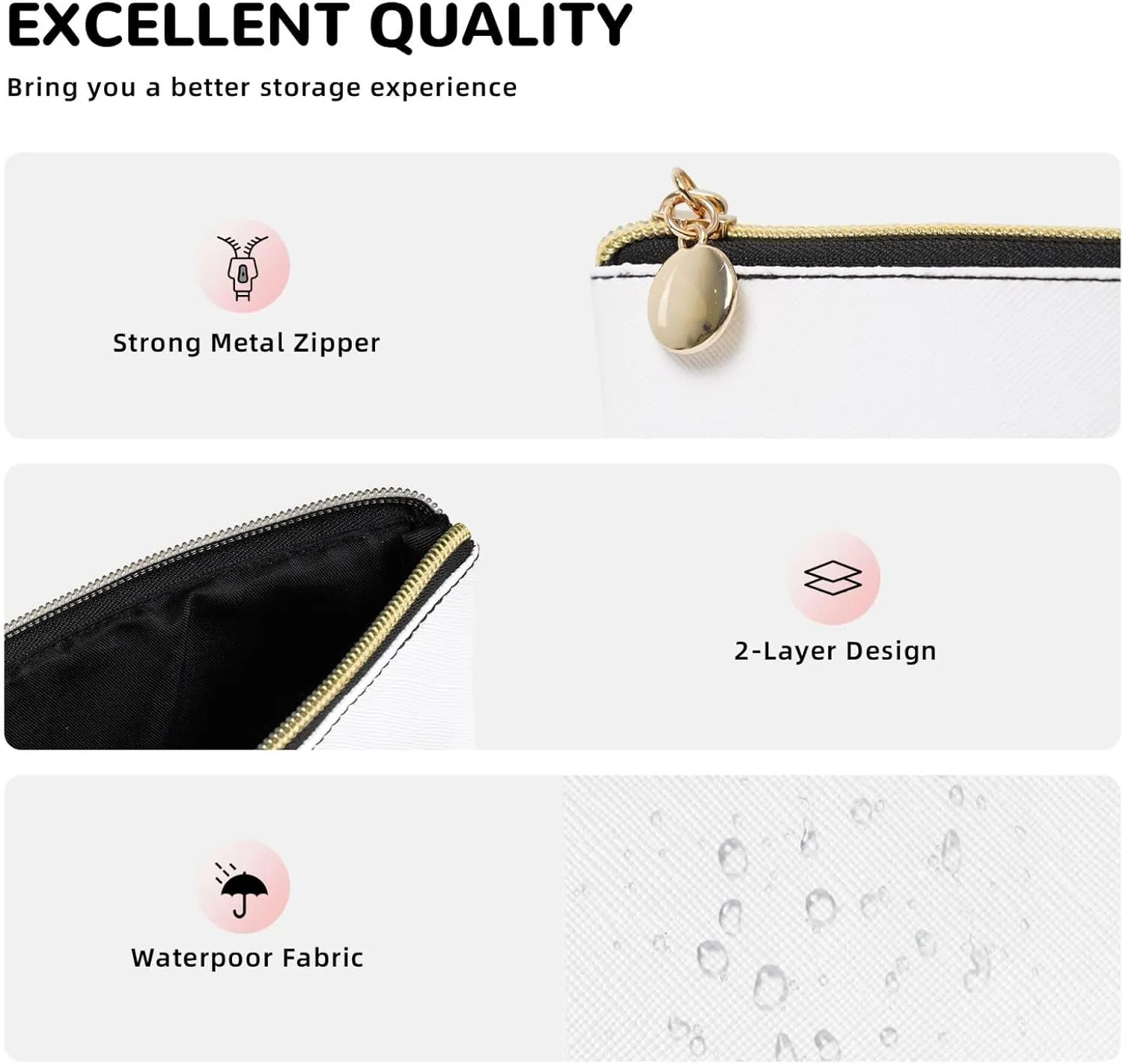 Gold Leather Travel Toiletry Bag - Reusable cry white rabbit Cosmetic Makeup Accessories Organizer - Women Purse with Zipper