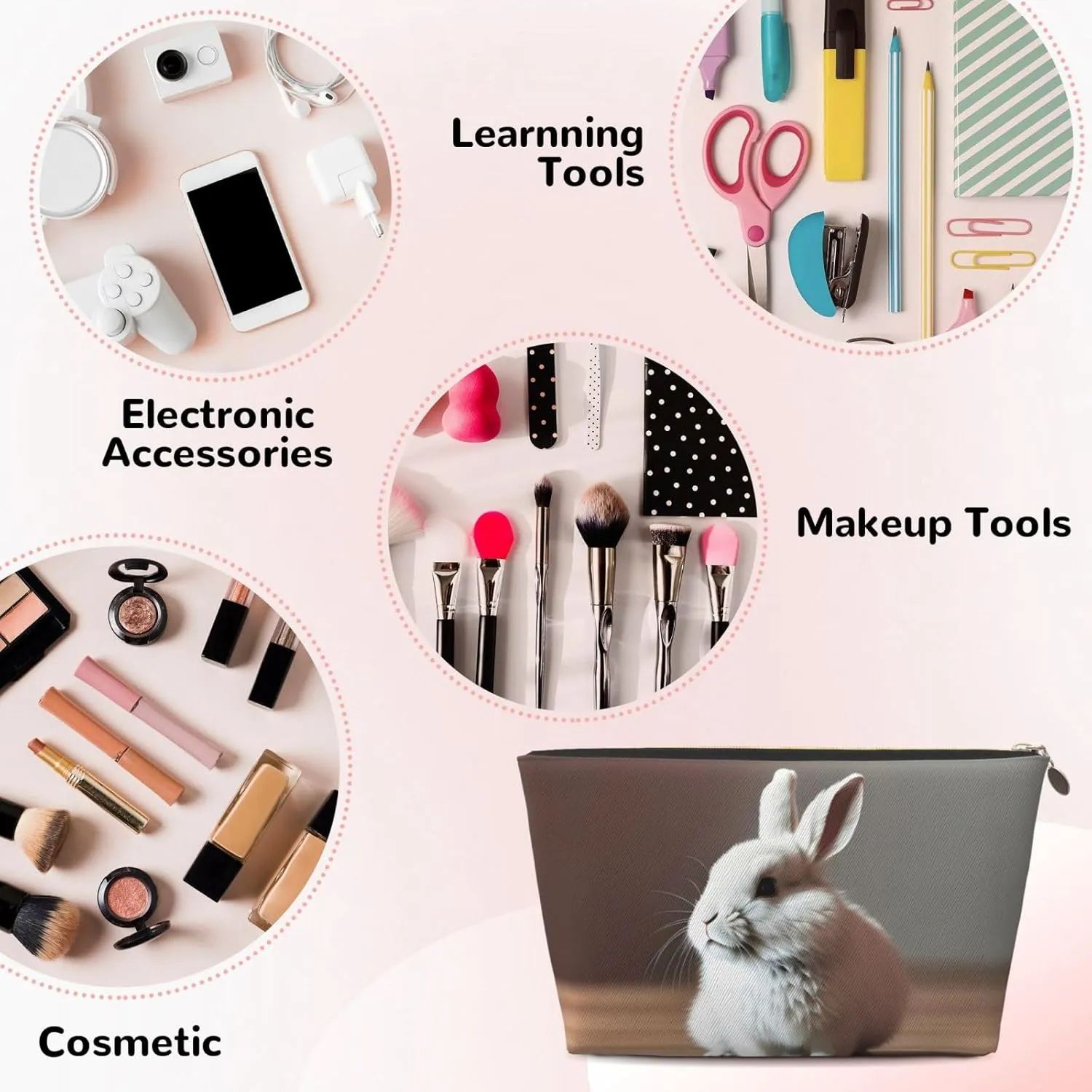 Gold Leather Travel Toiletry Bag - Reusable cry white rabbit Cosmetic Makeup Accessories Organizer - Women Purse with Zipper
