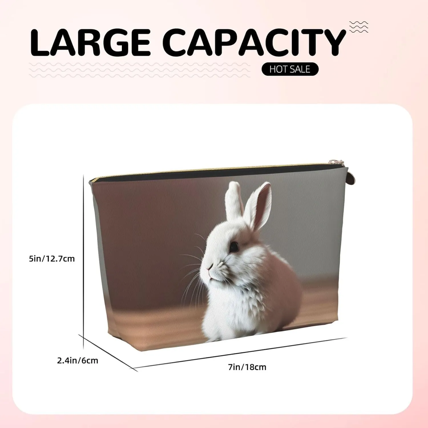 Gold Leather Travel Toiletry Bag - Reusable cry white rabbit Cosmetic Makeup Accessories Organizer - Women Purse with Zipper