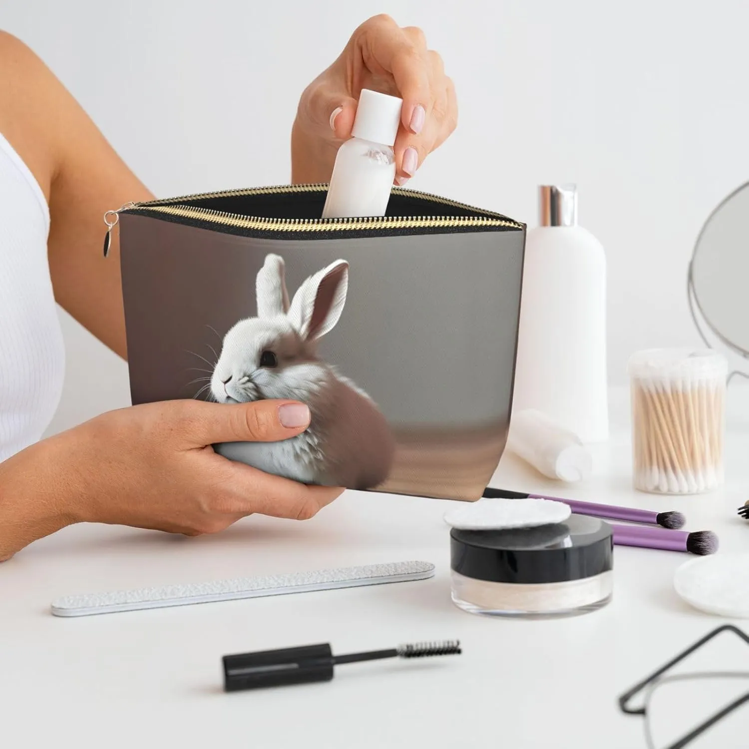Gold Leather Travel Toiletry Bag - Reusable cry white rabbit Cosmetic Makeup Accessories Organizer - Women Purse with Zipper