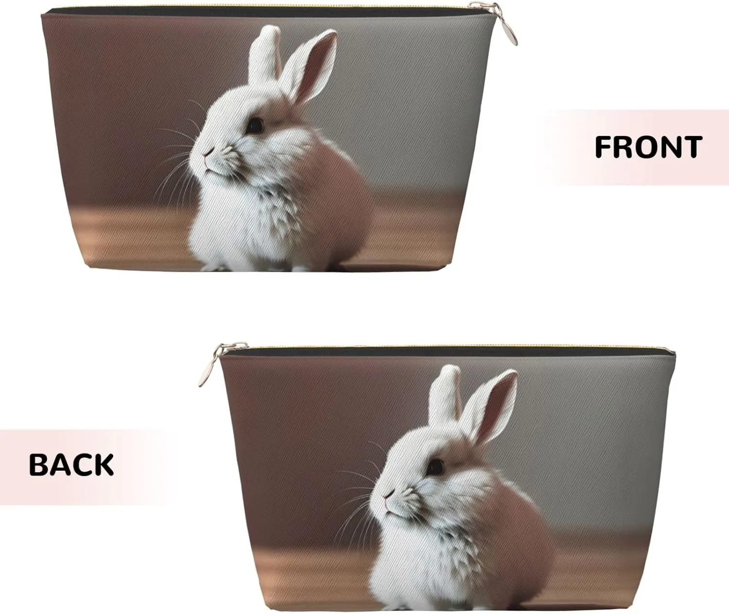 Gold Leather Travel Toiletry Bag - Reusable cry white rabbit Cosmetic Makeup Accessories Organizer - Women Purse with Zipper