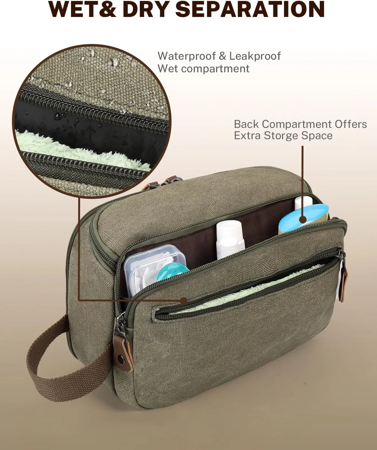 Gonex Travel Toiletry Bag for Men, Water Resistant Canvas Wide Open Dopp Kit with Wet Dry Compartment, Travel Essentials Toiletries Organizer Shaving Bag, Army Green