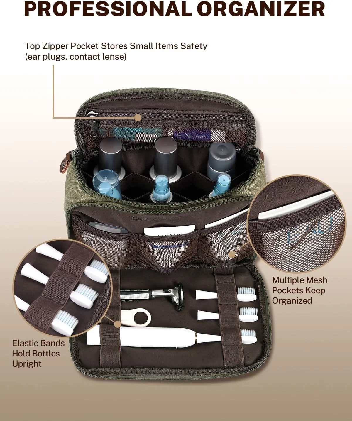 Gonex Travel Toiletry Bag for Men, Water Resistant Canvas Wide Open Dopp Kit with Wet Dry Compartment, Travel Essentials Toiletries Organizer Shaving Bag, Army Green