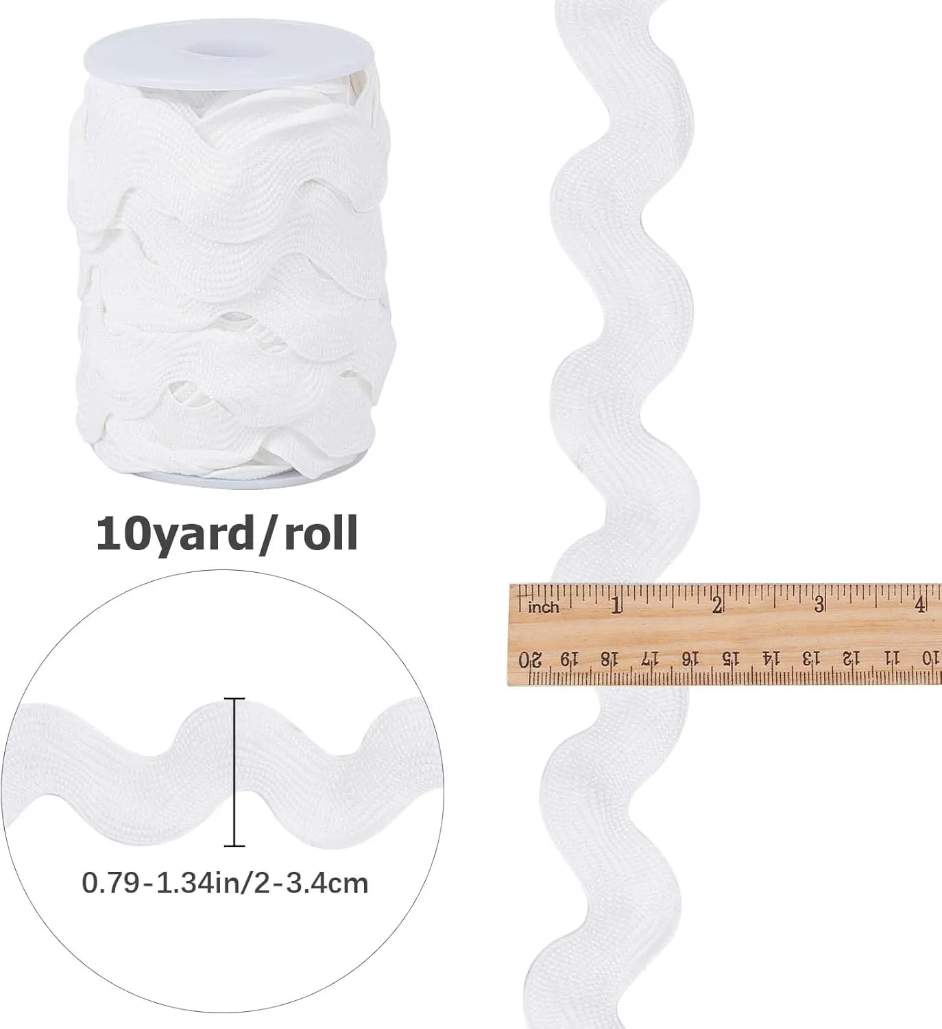 GORGECRAFT 0.78 inch-1.33 inch/20-34mm Wide Rick Rack Trim 10 Yards White Wave Bending Fringe Trim Braided Woven RIC Rac Ribbon Zig Zag Trim for DIY Sewing Crafts Wedding Dress Costumes Party