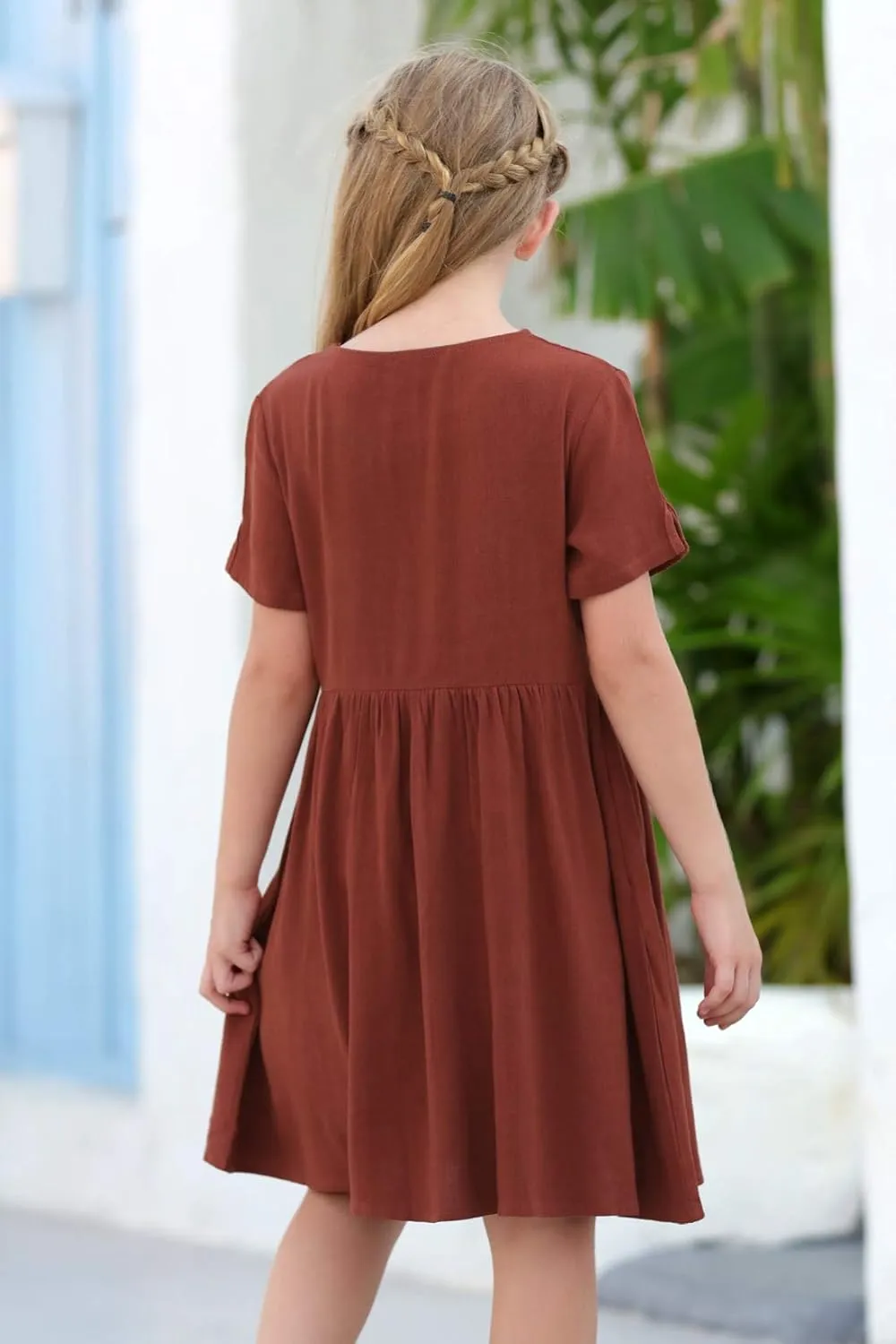 GORLYA Girl's Short Sleeve Button Up Pleated Waist Loose Casual Linen Midi Dress with Pockets for 4-12 Years Kids