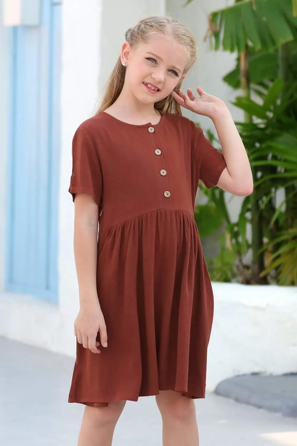 GORLYA Girl's Short Sleeve Button Up Pleated Waist Loose Casual Linen Midi Dress with Pockets for 4-12 Years Kids