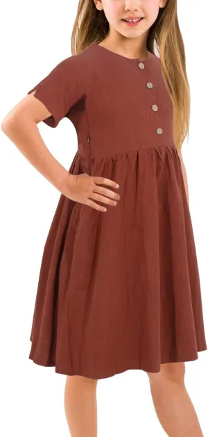 GORLYA Girl's Short Sleeve Button Up Pleated Waist Loose Casual Linen Midi Dress with Pockets for 4-12 Years Kids