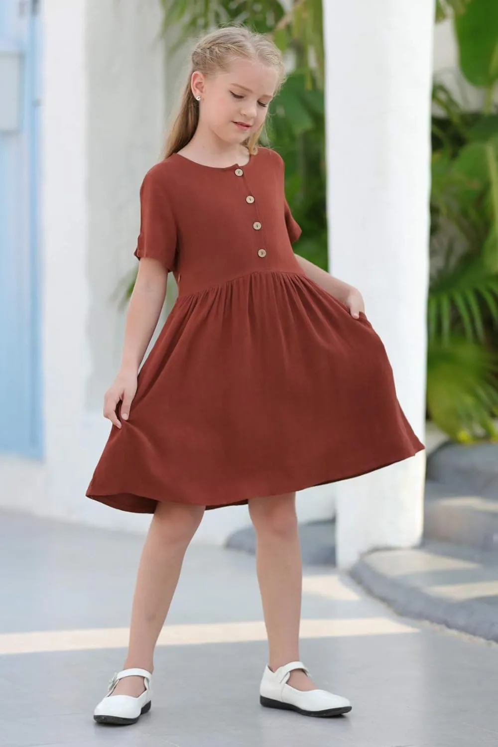 GORLYA Girl's Short Sleeve Button Up Pleated Waist Loose Casual Linen Midi Dress with Pockets for 4-12 Years Kids