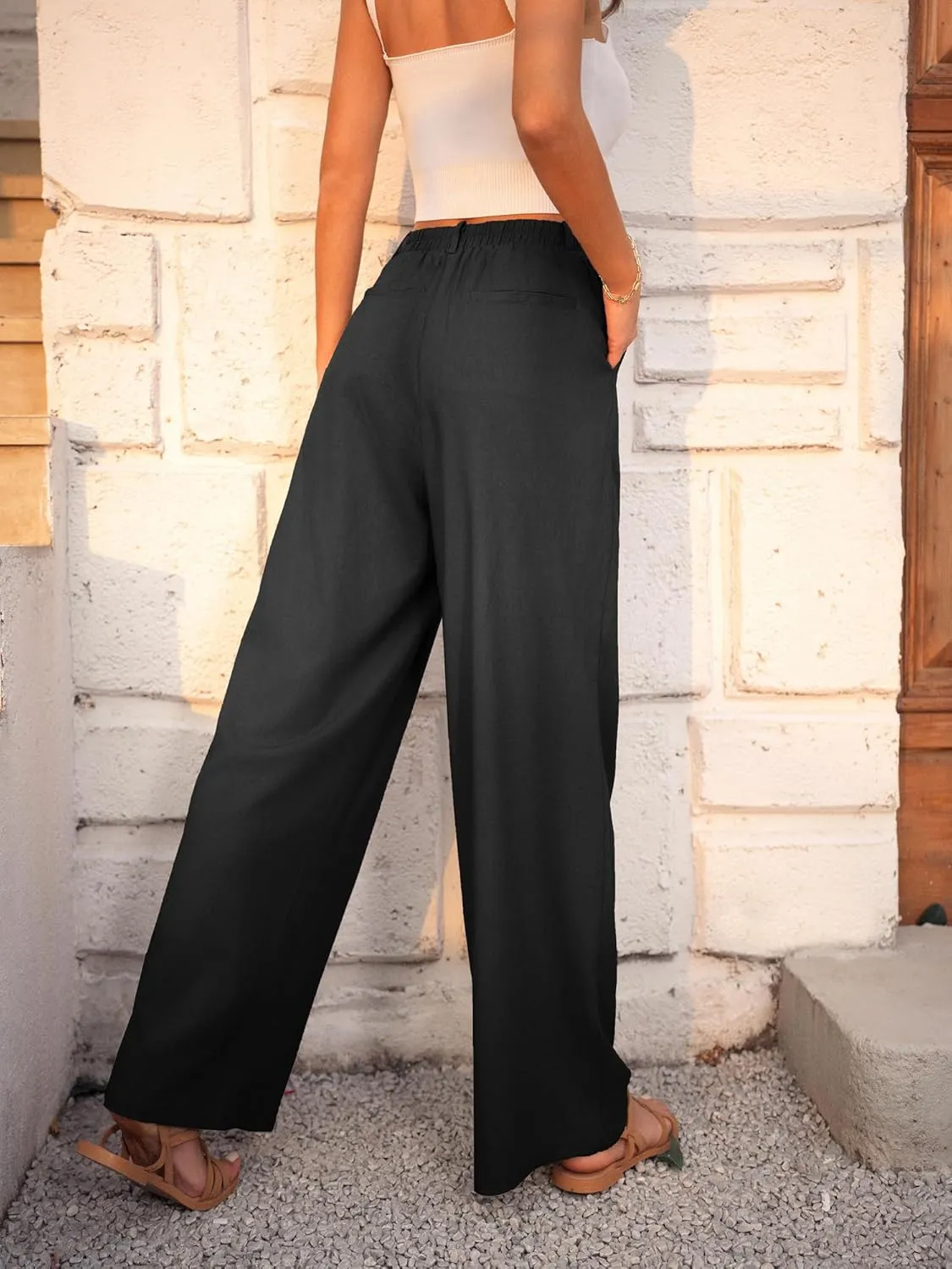 GRACE KARIN Wide Leg Pants for Women Cotton Linen Business Casual Long Trousers Palazzo Pants with Pockets