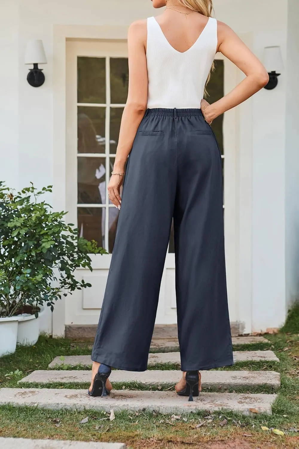 GRACE KARIN Wide Leg Pants for Women Cotton Linen Business Casual Long Trousers Palazzo Pants with Pockets