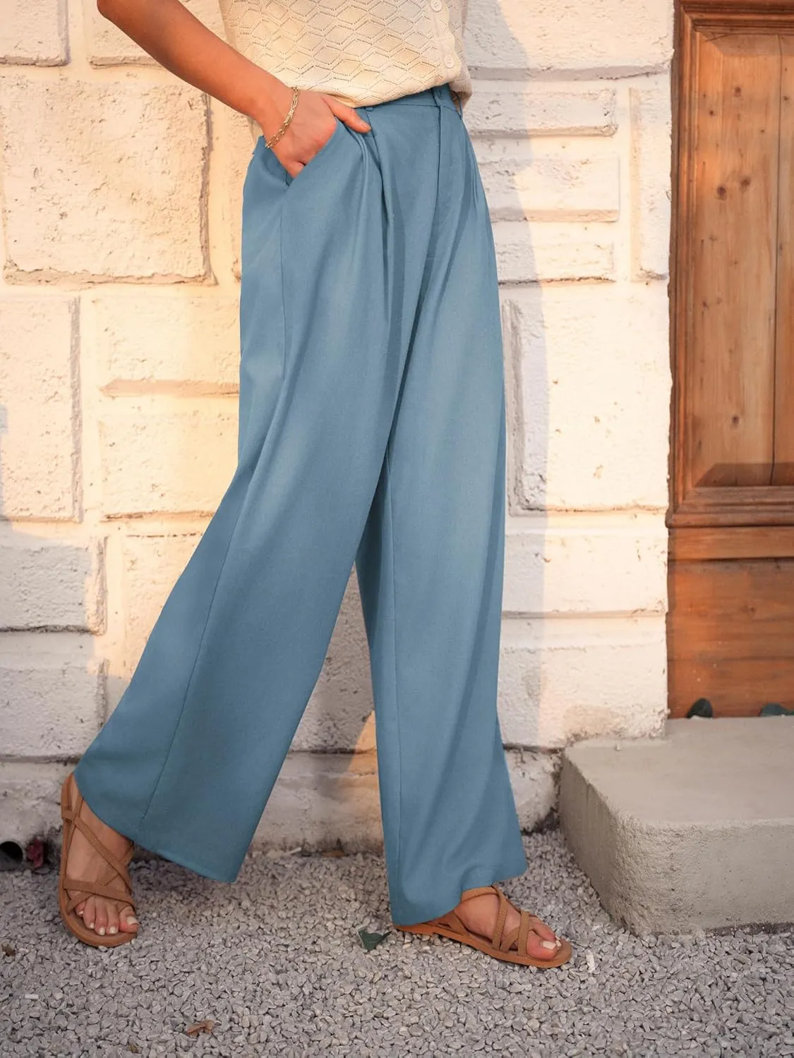 GRACE KARIN Wide Leg Pants for Women Cotton Linen Business Casual Long Trousers Palazzo Pants with Pockets