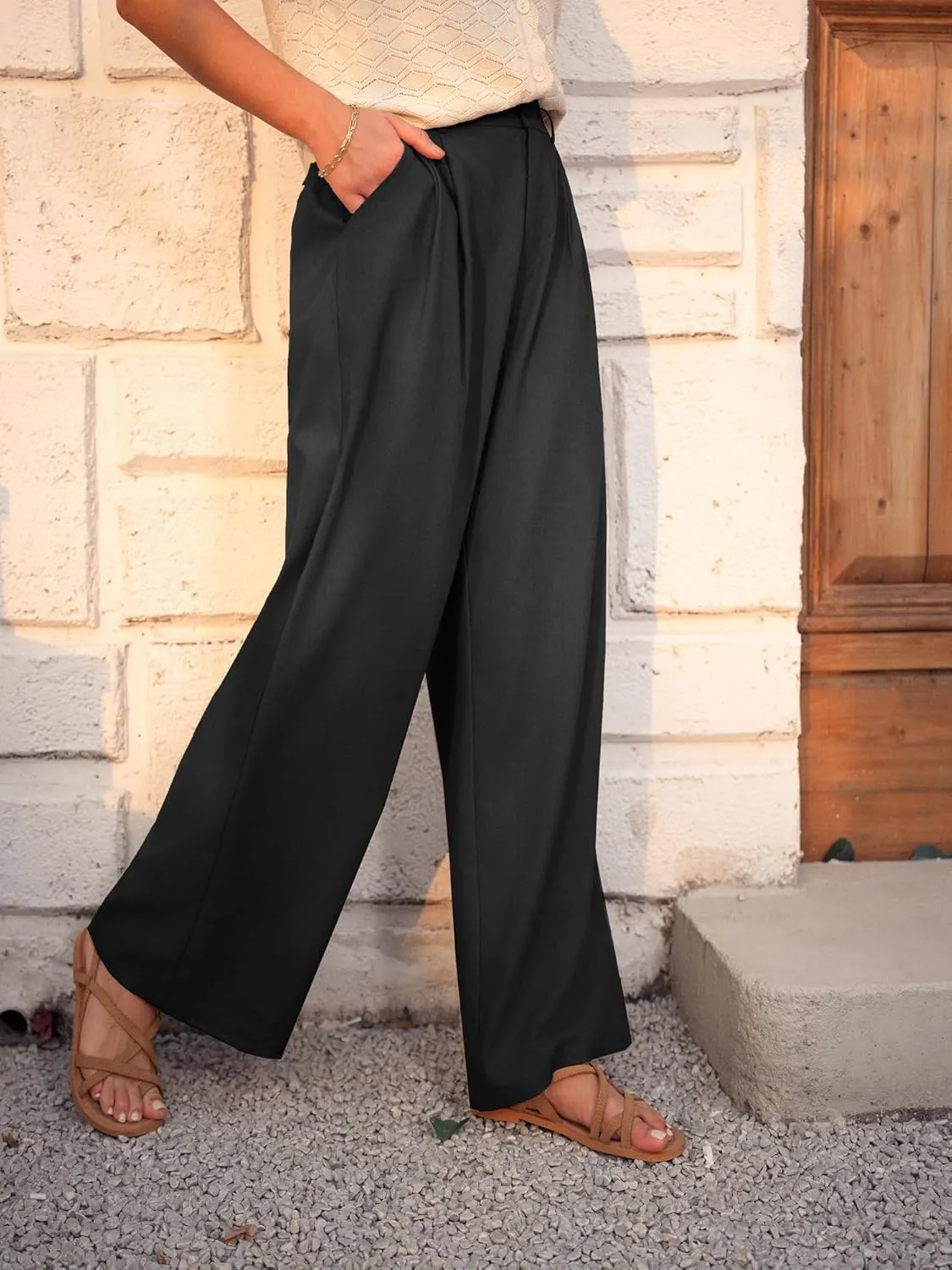 GRACE KARIN Wide Leg Pants for Women Cotton Linen Business Casual Long Trousers Palazzo Pants with Pockets