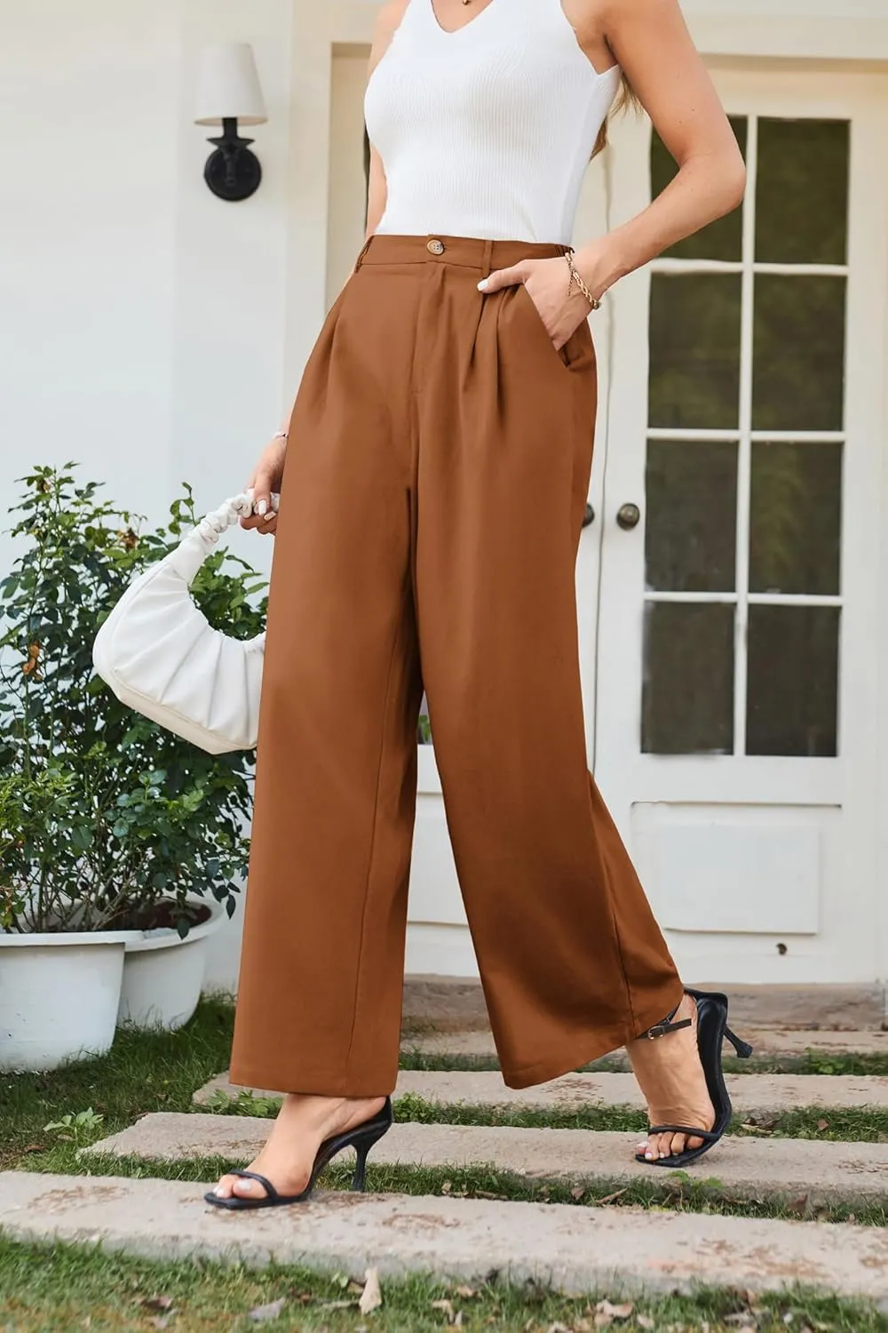 GRACE KARIN Wide Leg Pants for Women Cotton Linen Business Casual Long Trousers Palazzo Pants with Pockets