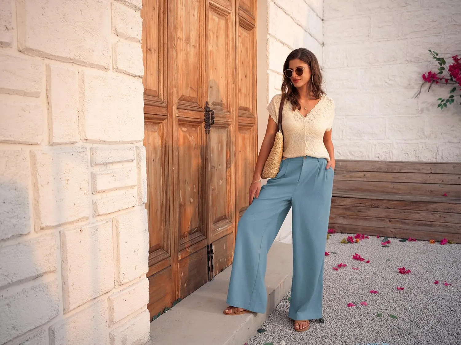 GRACE KARIN Wide Leg Pants for Women Cotton Linen Business Casual Long Trousers Palazzo Pants with Pockets