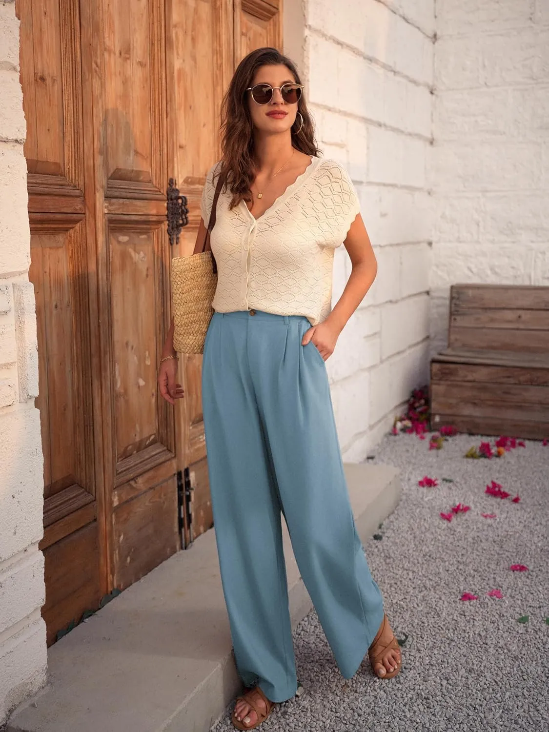 GRACE KARIN Wide Leg Pants for Women Cotton Linen Business Casual Long Trousers Palazzo Pants with Pockets