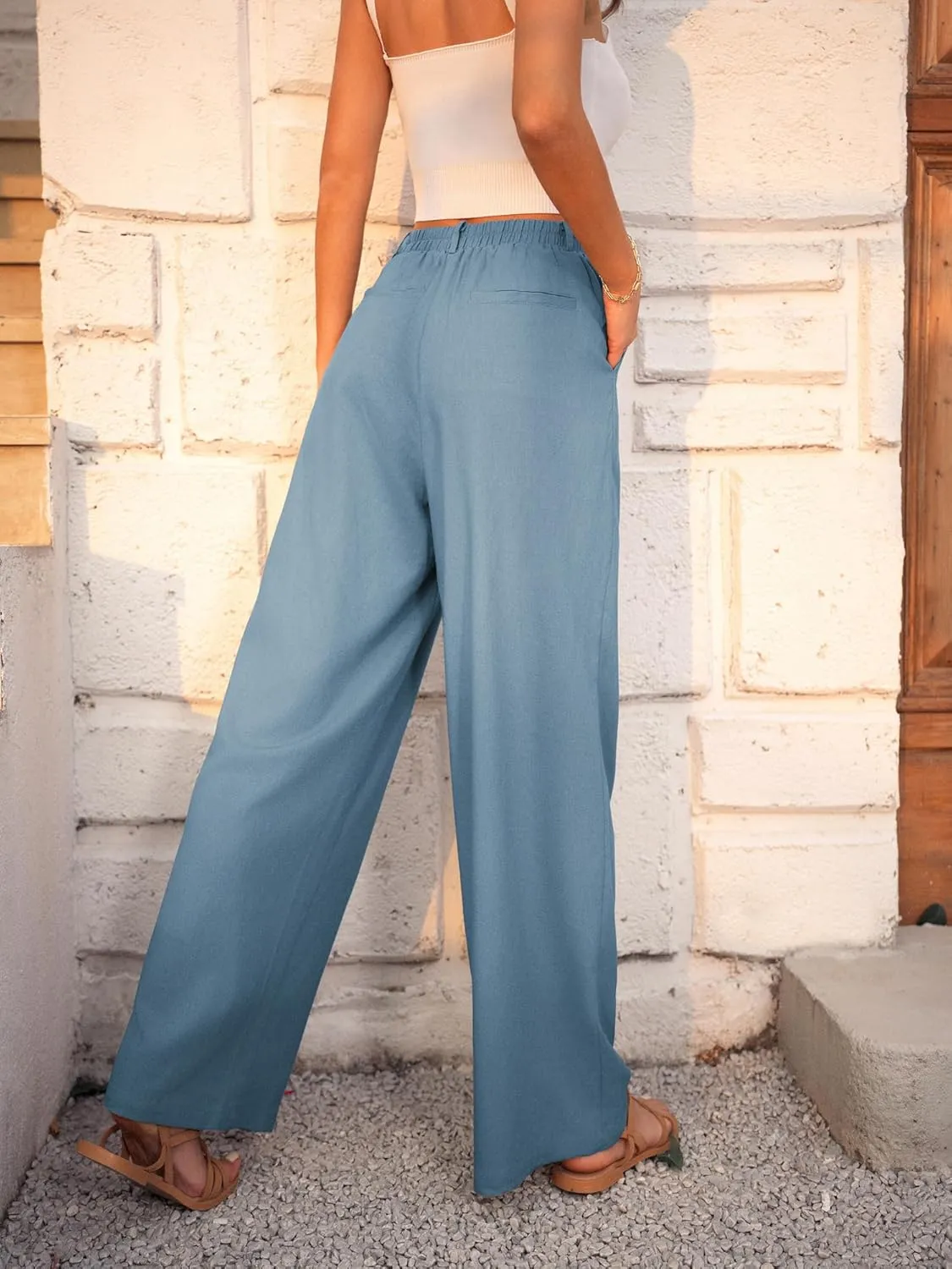 GRACE KARIN Wide Leg Pants for Women Cotton Linen Business Casual Long Trousers Palazzo Pants with Pockets