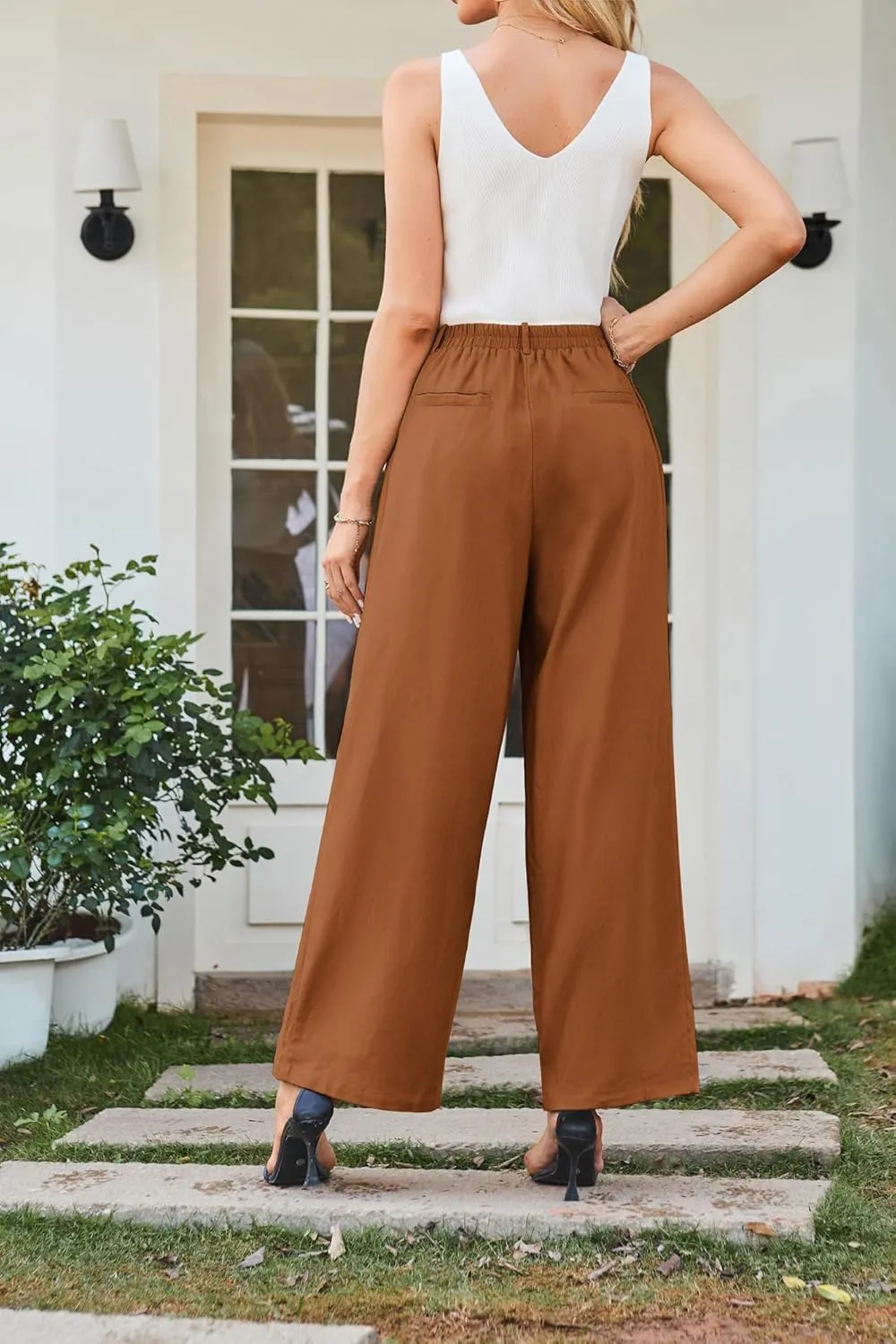 GRACE KARIN Wide Leg Pants for Women Cotton Linen Business Casual Long Trousers Palazzo Pants with Pockets