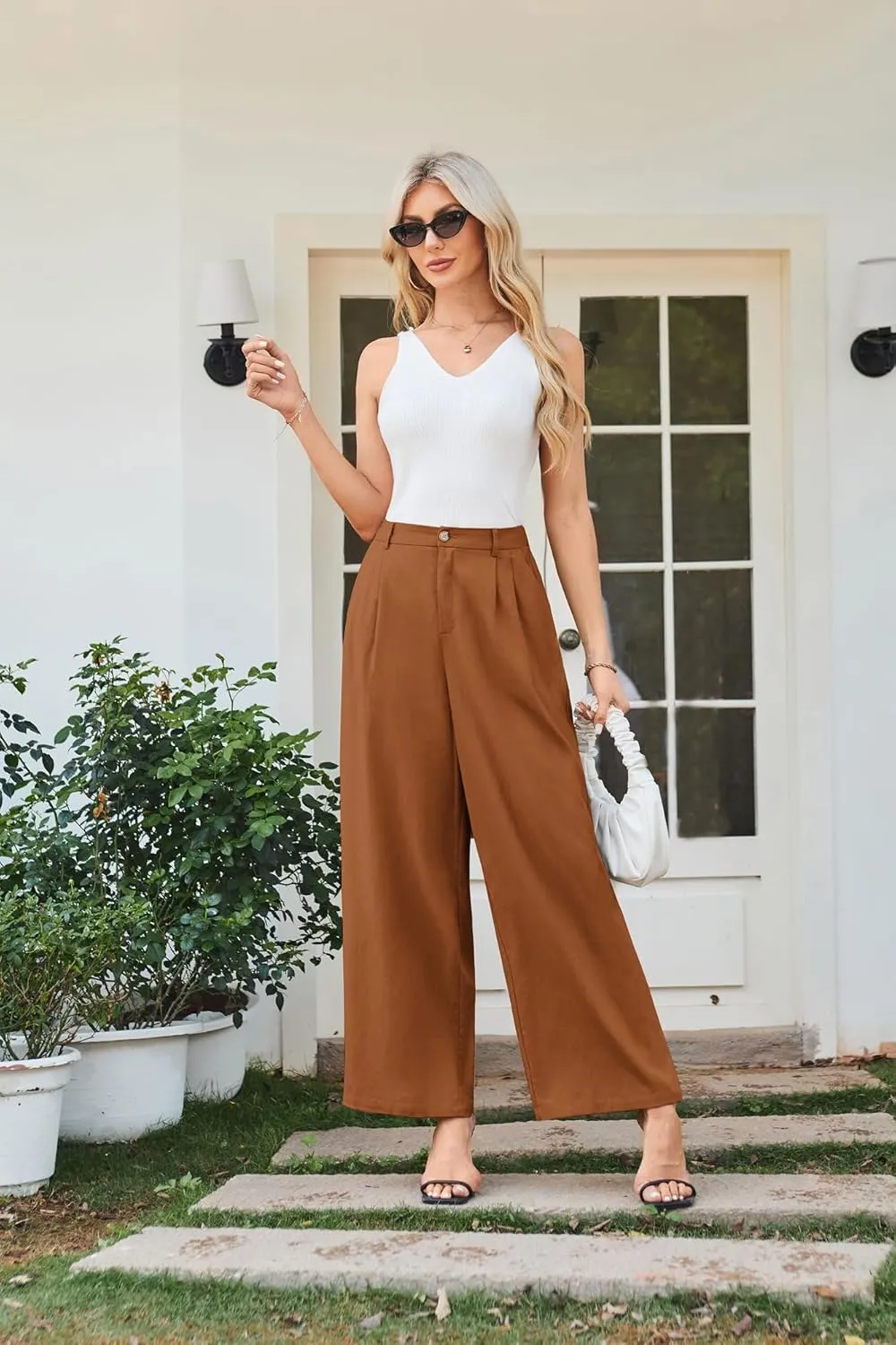GRACE KARIN Wide Leg Pants for Women Cotton Linen Business Casual Long Trousers Palazzo Pants with Pockets